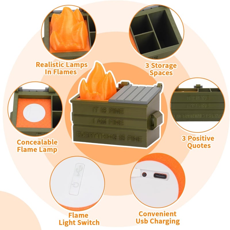 Dalycro Dumpster Fire Pencil Holder Fun Desk Accessories with Removable Flame Light Touch Dimming Mode & USB Charging Port Perfect Pen Holder for Desk, Funny Gift for Coworkers - Image 3